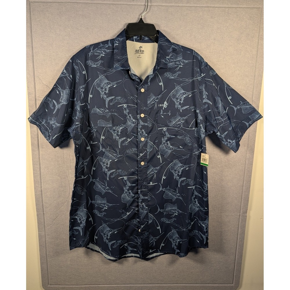 IZOD Saltwater Men's LT Blue Marlin Print Vented SS Button-Up Fishing Shirt